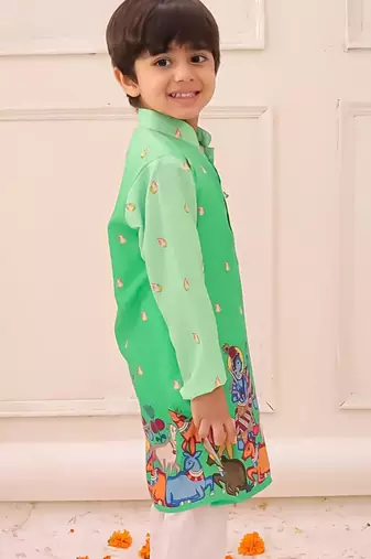 Green printed silk kurta pyjama set for boys