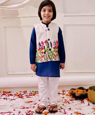 White-blue embroidered cotton kurta pyjama with jecket set for boys 1