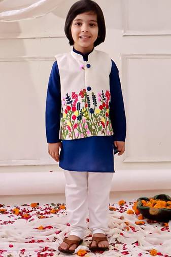 White-blue embroidered cotton kurta pyjama with jecket set for boys