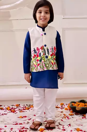 White-blue embroidered cotton kurta pyjama with jecket set for boys