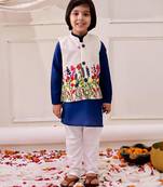 White-blue embroidered cotton kurta pyjama with jecket set for boys