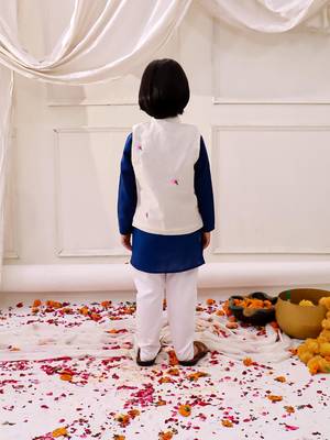 White-blue embroidered cotton kurta pyjama with jecket set for boys 2
