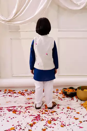 White-blue embroidered cotton kurta pyjama with jecket set for boys