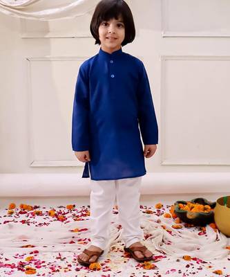 White-blue embroidered cotton kurta pyjama with jecket set for boys 3