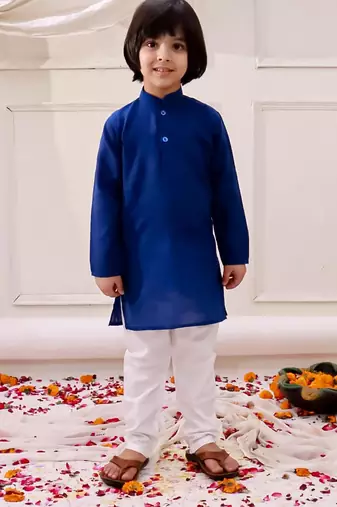 White-blue embroidered cotton kurta pyjama with jecket set for boys
