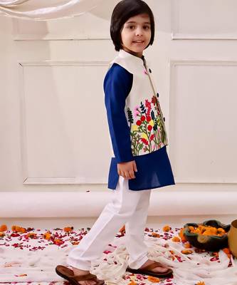 White-blue embroidered cotton kurta pyjama with jecket set for boys 4