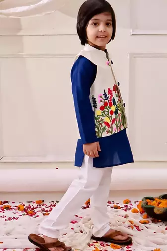 White-blue embroidered cotton kurta pyjama with jecket set for boys