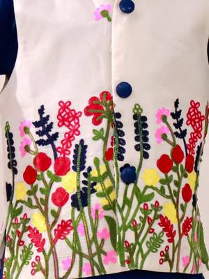 White-blue embroidered cotton kurta pyjama with jecket set for boys 5