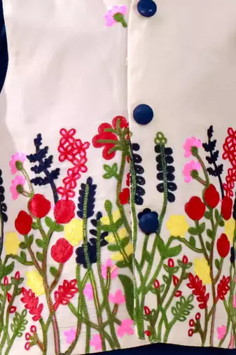 White-blue embroidered cotton kurta pyjama with jecket set for boys