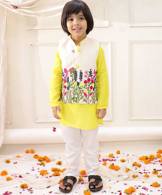White-yellow embroidered cotton kurta pyjama with jecket set for boys 1