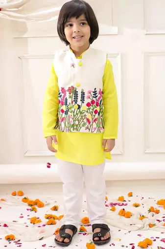 White-yellow embroidered cotton kurta pyjama with jecket set for boys