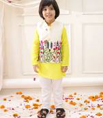 White-yellow embroidered cotton kurta pyjama with jecket set for boys