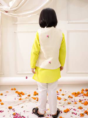 White-yellow embroidered cotton kurta pyjama with jecket set for boys 2