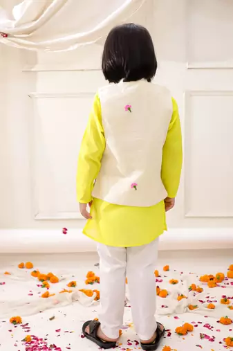 White-yellow embroidered cotton kurta pyjama with jecket set for boys
