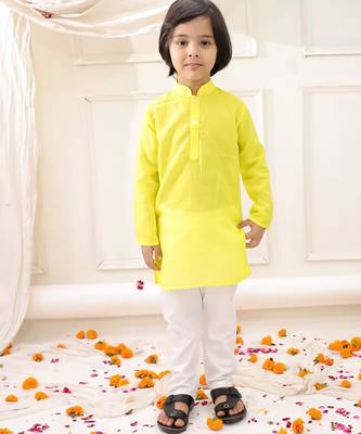 White-yellow embroidered cotton kurta pyjama with jecket set for boys 3