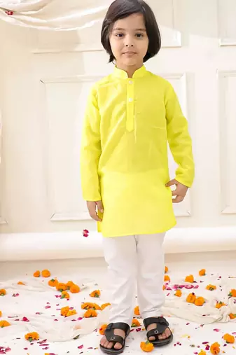 White-yellow embroidered cotton kurta pyjama with jecket set for boys