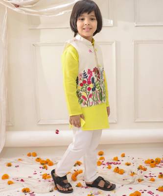 White-yellow embroidered cotton kurta pyjama with jecket set for boys 4