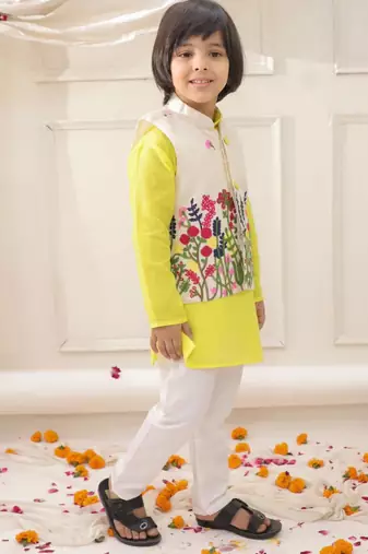 White-yellow embroidered cotton kurta pyjama with jecket set for boys