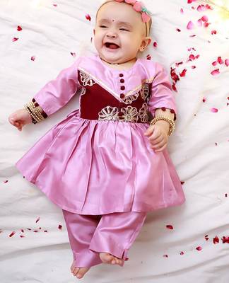 Purple embroidered silk flower kurti pent set for girls 1