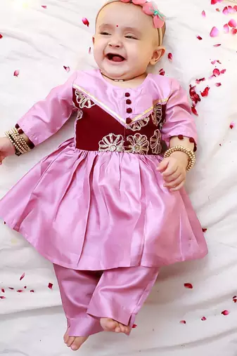 Purple embroidered silk flower kurti pent set for girls