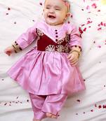 Purple embroidered silk flower kurti pent set for girls