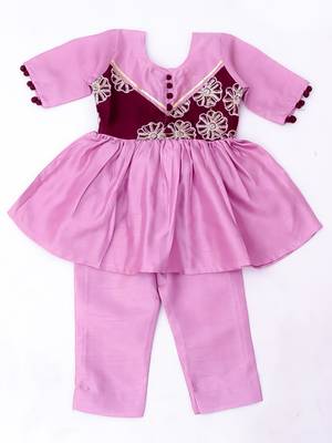 Purple embroidered silk flower kurti pent set for girls 2
