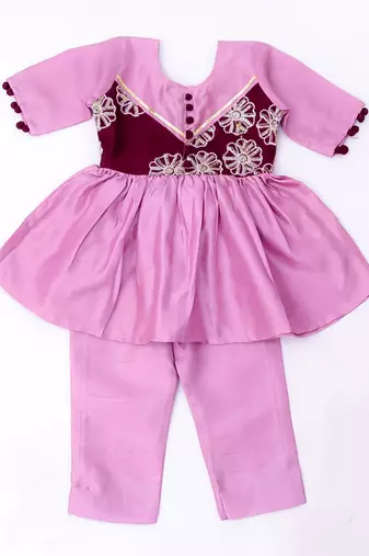 Purple embroidered silk flower kurti pent set for girls