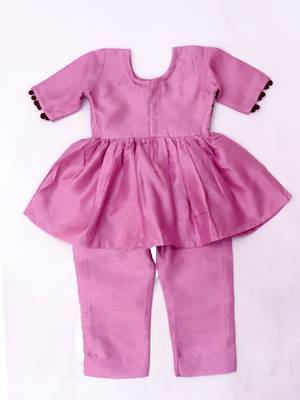 Purple embroidered silk flower kurti pent set for girls 3