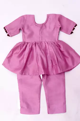 Purple embroidered silk flower kurti pent set for girls