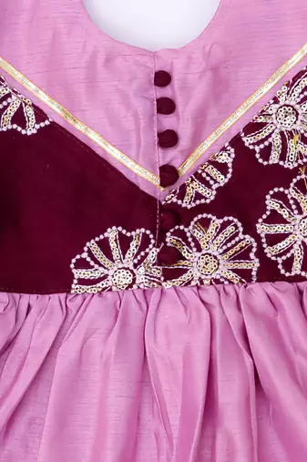 Purple embroidered silk flower kurti pent set for girls