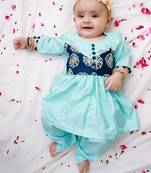 Turquoise embroidered silk flower kurti pent set for girls