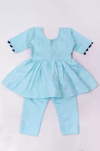 Turquoise embroidered silk flower kurti pent set for girls