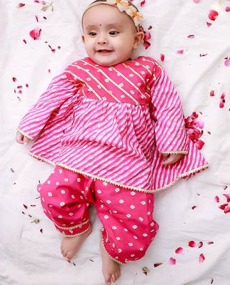 Pink printed cotton top with pant set for girls 1