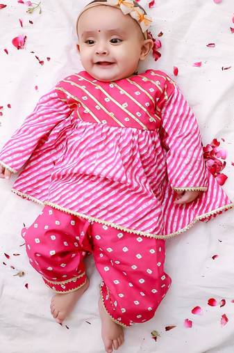 Pink printed cotton top with pant set for girls