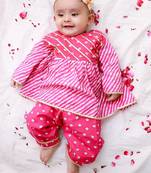 Pink printed cotton top with pant set for girls