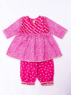 Pink printed cotton top with pant set for girls 2