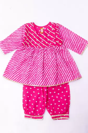 Pink printed cotton top with pant set for girls