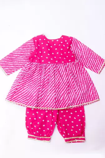 Pink printed cotton top with pant set for girls