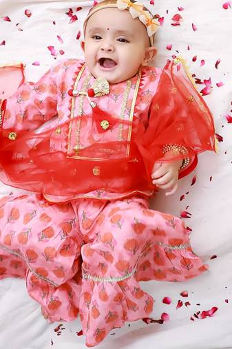 Peach printed cotton kurti sharara with dupatta set for girls