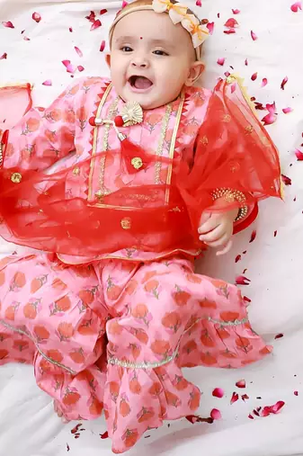 Peach printed cotton kurti sharara with dupatta set for girls