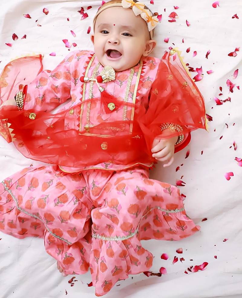 Peach printed cotton kurti sharara with dupatta set for girls