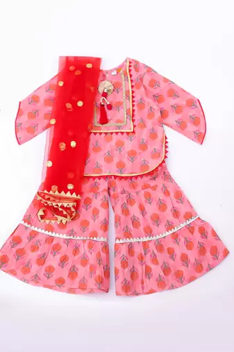 Peach printed cotton kurti sharara with dupatta set for girls