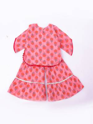 Peach printed cotton kurti sharara with dupatta set for girls 3