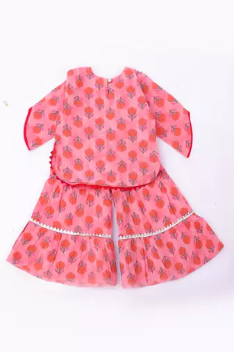 Peach printed cotton kurti sharara with dupatta set for girls