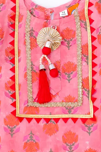 Peach printed cotton kurti sharara with dupatta set for girls