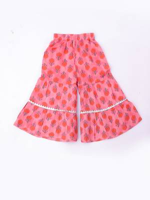 Peach printed cotton kurti sharara with dupatta set for girls 5