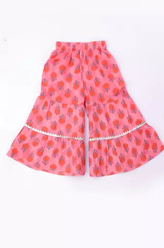 Peach printed cotton kurti sharara with dupatta set for girls