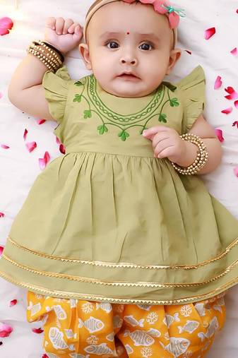 Green embroidered cotton kurti dhoti set for girls
