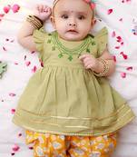 Green embroidered cotton kurti dhoti set for girls