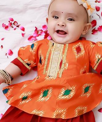 Orange foli printed cotton top with salwar set for girls 1